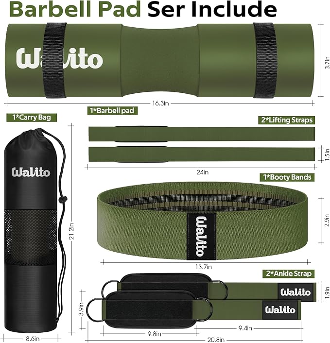 WALITO 8Pcs Barbell Pad Set for Hip Thrust - Squat Pad,Gym Accessories for Women with Bar Bad,Bench Press, with Gym Ankle Straps,Resistance Bands for Working Out,Lifting Strap,Carry Bag