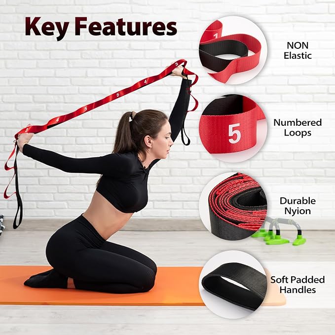 Acozycoo Stretching Strap with Loops for Physical Therapy,Yoga Strap for Stretching,Home Workout,Pilate & Flexibility Training,Non-Elastic Exercise Stretch Band for Hamstring,Leg Stretcher Belt,Flexibility Fascia