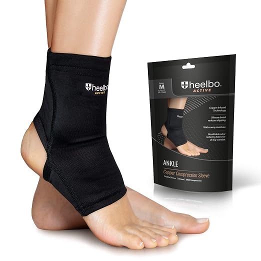 Heelbo Ankle Compression Sleeve and Compression Sock Made with Copper Infused Fibers and Breathable Fabric for Planter Fasciitis, Achilles Tendonitis or Arch Support, Black, Medium