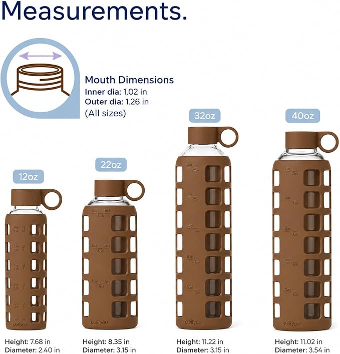 purifyou 40oz / 32oz / 22oz / 12oz Borosilicate Glass Water Bottle with Time & Volume Markers, Silicone Sleeve, Stainless Steel Lid | Reusable Glass Bottle for Water & Juice (22oz Earth Brown)
