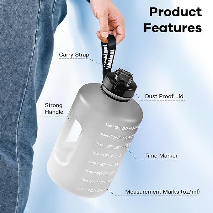 WEMEET Big Reusable Sport Water Jug with non-slip handle, 1 Gallon Water Bottle with Straw and Time Marker, for All Day Hydration, Exercise and Outdoor (Black White)