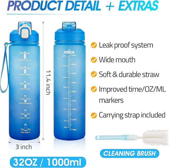YC Kitchen 32oz Motivational Water Bottle with Straw & Carrying Strap | Leak-proof BPA Free Sports Water Bottles with Time Marker, with Times to Drink,Fitness, Gym, and Outdoor Sports