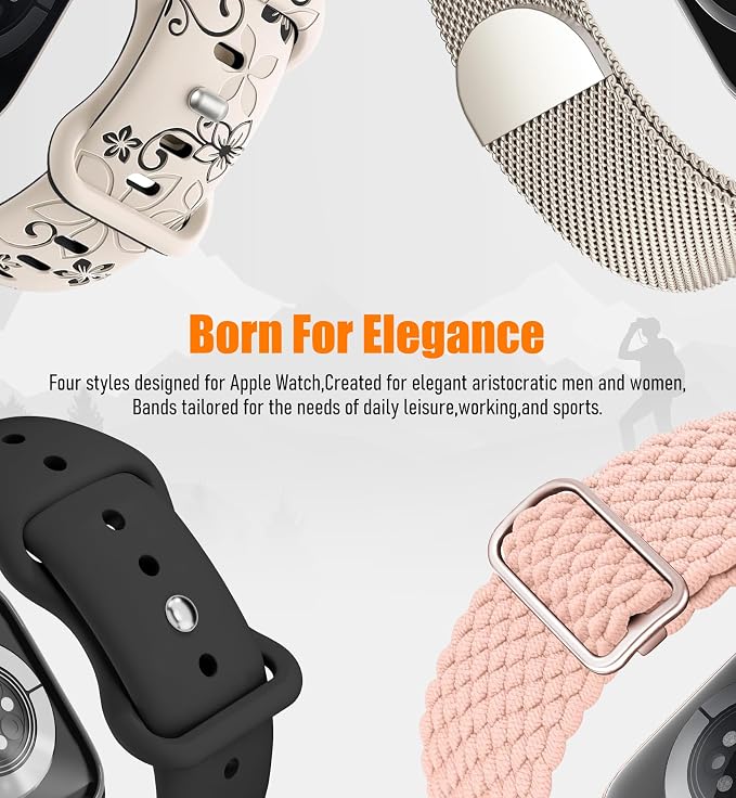 8 Pack Compatible with Apple Watch Ultra 3/2 Band 49mm 46mm 45mm 44mm 42mm Men Women,Engraved Flower Silicone+Sport Band+Milanese Loop+Braided Nylon for iWatch Ultra 3/2/1Series 11/10/9/8/7/6/SE/5/4/3