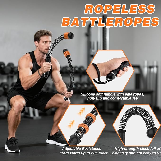 Ropeless Battle Ropes, with 8 Adjustable Weight Rings & Storage Bag, Portable Cordless Heavy Duty Fitness Rope for Home Gym, HIIT, Strength, High Calorie Burn, Low-Impact Cardio for Men and Women