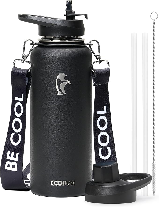 Coolflask 40 oz Water Bottle Insulated Stainless Steel with Strap | Metal Water Flask with Straw & Spout Lids, Triple-Wall, Cold 48+h, Dishwasher Safe, Leakproof, BPA-Free, for Gym & Hiking
