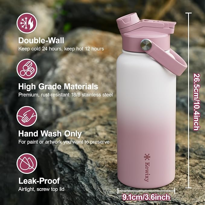 32 oz Insulated Water Bottle, 2-in-1 Lid, Straw & Spout with Protected, Leak Proof, Keep Cold, Stainless Steel, Metal, Reusable, Handle, for Outdoor, Gym and School, 2 Lids, Iced Plum