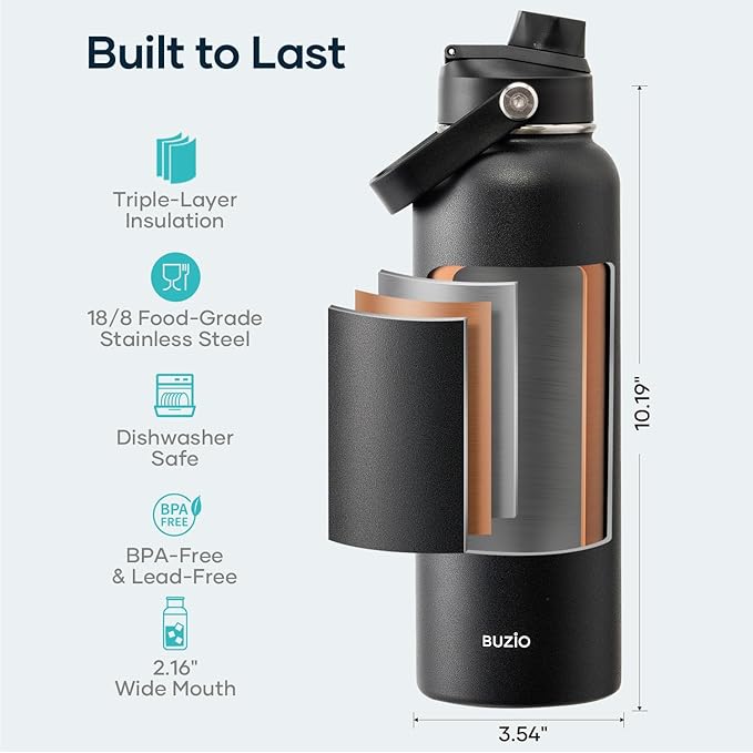 BUZIO 40oz Insulated Water Bottle, Triple Wall Vacuum Stainless Steel Water Flask with 2 lids, Lead-Free BPA-Free Straw Lid Sports Canteen Jug, Cold 48H & Hot 24H- Black | 40 oz Insulated Stainless Steel Water Flask (Cold for 48 Hrs/Hot for 24 Hrs), Di...