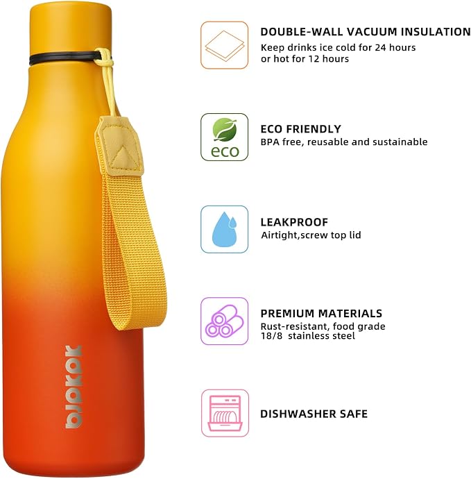 BJPKPK 18oz Insulated Water Bottle, Stainless Steel Bottle with Carry Strap | Keep Cold & Hot Vacuum Insulation, Leak-Proof BPA-Free Design, Slim Bottle Fits Most Cup Holders for Gym, Office & Travel