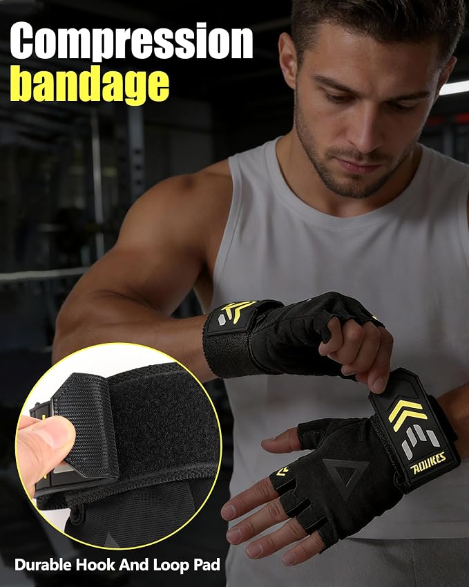 2-in-1 Workout Gloves, Weight Lifting Gloves with Wrist Wrap Support for Men & Women, Ventilated Fingerless Padded Gym Glove for Weightlifting Pull-Ups & Fitness Training