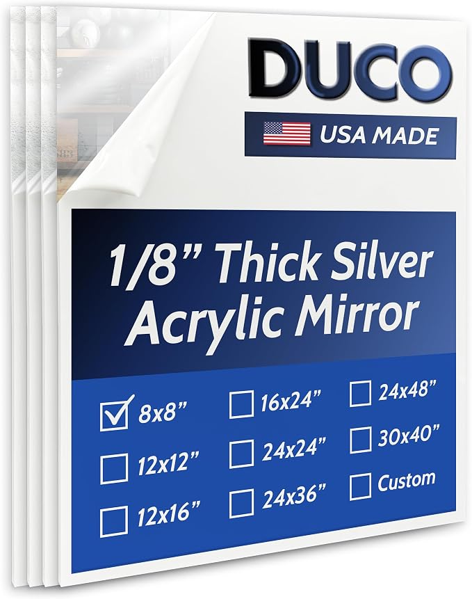 Duco USA-Made Acrylic Mirror Sheet 1/8 Inch Thick 8" x 8" (with Adhesives) - Pack of 4 Silver Frameless Plastic Mirror for Walls, Home Gyms, Bathrooms, & More - Shatter-Proof Mirrored Plexiglass