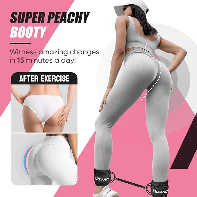 KUZARO Ankle Resistance Bands with Cuffs, Ankle Weights Bands for Working Out, Women Leg and Glutes Workout Equipment, Exercise Bands for Kickbacks, Butt and Booty Trainer, Home Gym Fitness Equipment