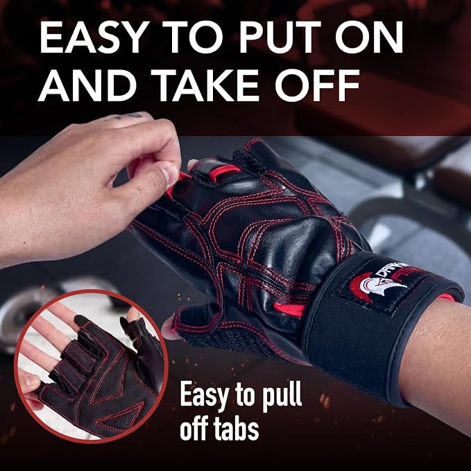 Dark Iron Fitness Genuine Leather Gym Gloves for Men Women, Wrist Wrap Support Workout Gloves for Weight Lifting Crossfit Deadlift Barbell Exercise Palm Padding Callus Protection Grips