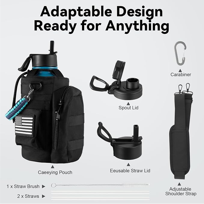 KXIAOCHEN Insulated Water Bottle with Strap, 48-Hour Cold, 2 Lids | Triple-wall insulation, lead-free 18/8 Stainless steel, paracord handle, carabiner clip, for gym, hiking, camping and travel