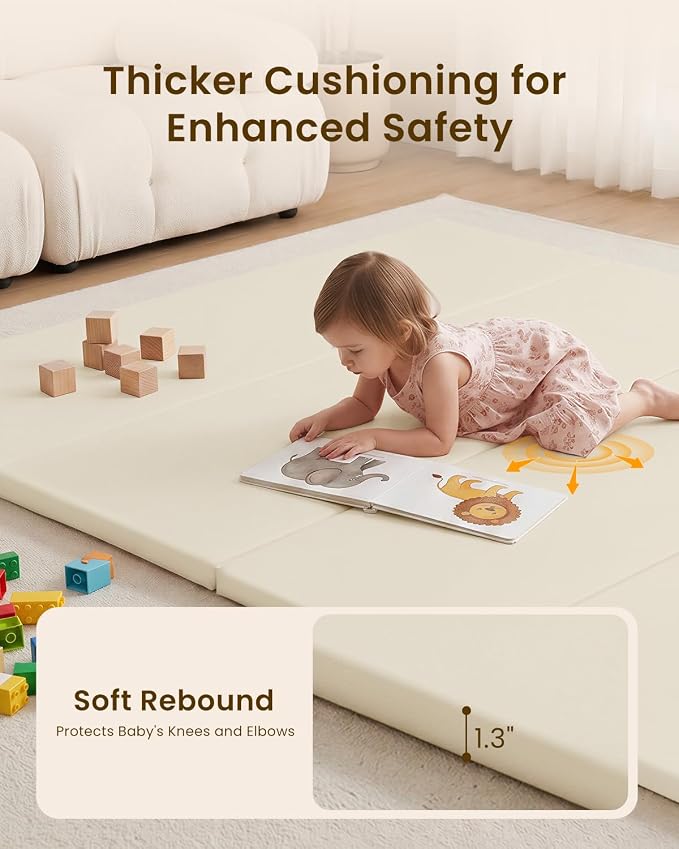 SEPARO Foldable Baby Play Mat,Vegan Leather 71x59 Baby Mat for Floor,Beige | Trifold Waterproof Playmat for Babies,Soft Foam Tumbling Mat,Wipe-Clean&Non-Slip Outdoor Mats,Playmate for Baby Tummy Time