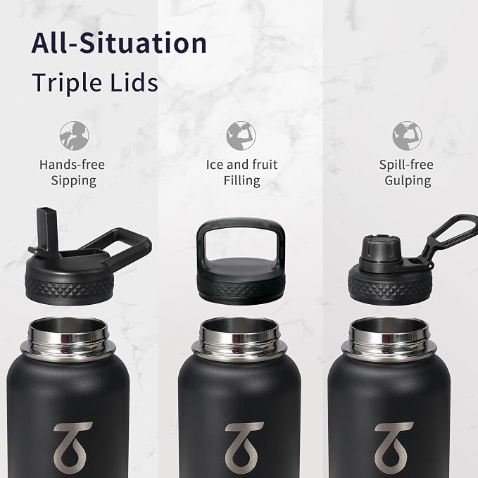 Trebo Insulated Water Bottle 32 oz with 3 Lids, Paracord Handle & Sleeve | Stainless Steel Metal Flask Vacuum, Triple Wall Copper Plated, Dishwasher Safe, Cold 48Hrs for Trail, Hiking, Wide Mouth