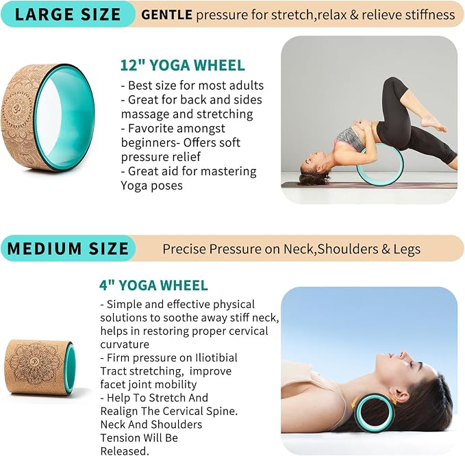 Cork Roller, Yoga Wheel, Upgraded Back Wheels for Pain Relief & Stretching | Strongest Back Roller for Deep Tissue Massage, Improving Yoga Poses Backbend
