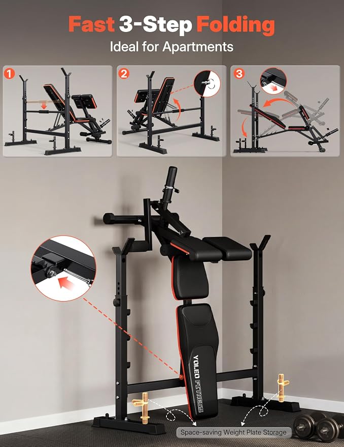 YOLEO 1+X Olympic Weight Bench with Upgraded Roman Chair/Preacher Curl/Leg Extension, Foldable 1870Lbs Wide Bench Press Rack with Ergonomic Support Backrest for Heavy Lifters for Home Gym