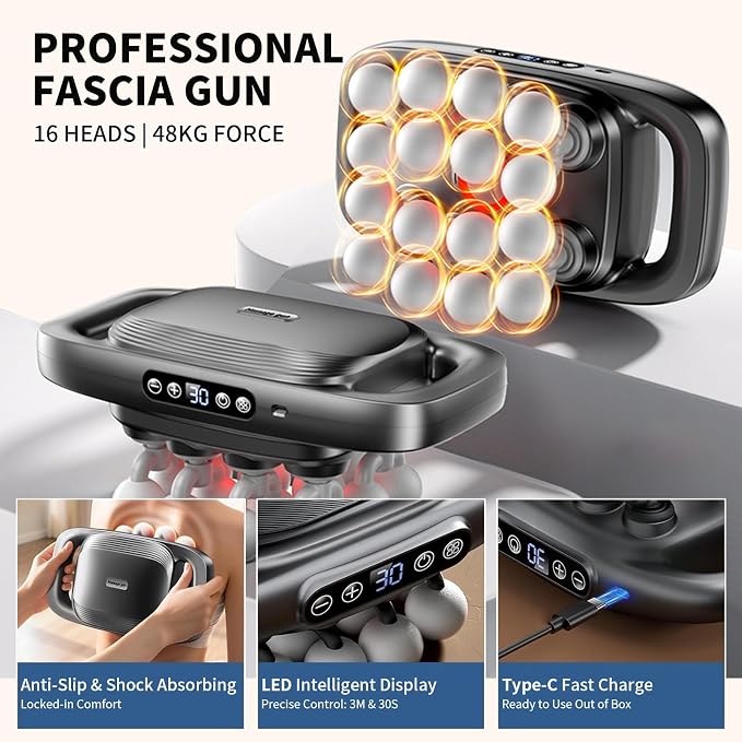 16 Head Massage Gun, 2026 Upgrade Deep Tissue Massager with 48KG Force, 3 Modes & 30 Intensities, Portable and Quiet Percussion Gun for Neck, Back, Legs, Waist, Buttocks Muscle Pain Relief