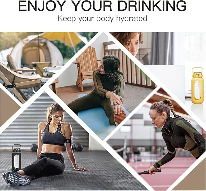 chunmo 42oz/52oz/64oz Glass Water Bolttles with Straw Half Gallon Large Motivational Water Bottle with Time Marker Sports Water Bottles with Silicone Sleeve and Handle Lid Water Jug for Gym Workout