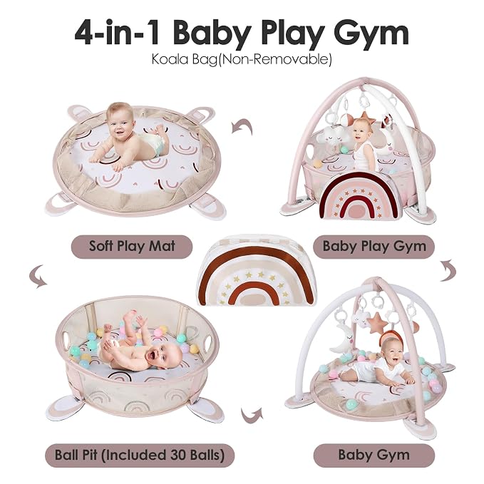 dearlomum Rainbow 4-in-1 Baby Play Mat Gym, with Ball Pit | Includes 30 Balls & 5 Learning Sensory Toys, Floor Gym Playmat for Newborn Infant Tummy Time, Ball Pit, Boy & Girl Gift