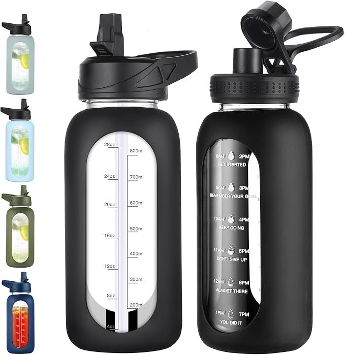 EALGRO 32 oz Glass Water Bottle with Straw, Large Sports Water Jug | Motivational Water Bottle with Time Marker and Silicone Sleeve, Flask Cup with Handle for Travel, Gym, Hiking, School, Black