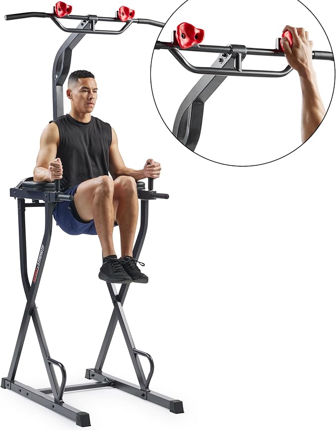 Sunny Health & Fitness Power Tower and Dip Station for Home Training | Multi-Function Strength Training, Pull-Up And Dip Stations, Padded Grips, Sturdy Frames, Captain's Chair
