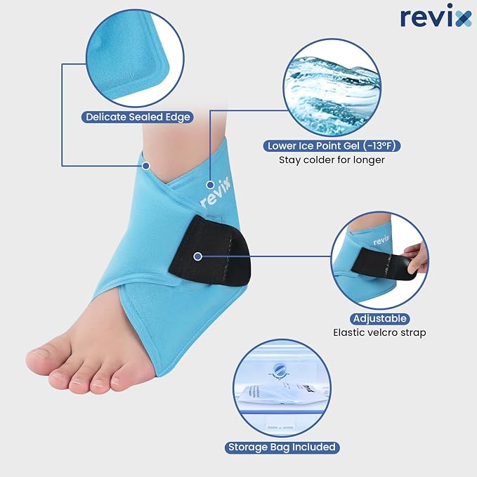 REVIX Ankle Ice Pack Wrap, Reusable Gel Cold Compression, 2 Packs | Foot Ice Wrap for Plantar Fasciitis, Achilles Tendonitis, Sprained Ankle and Swelling, Hands-Free for Daily Recovery