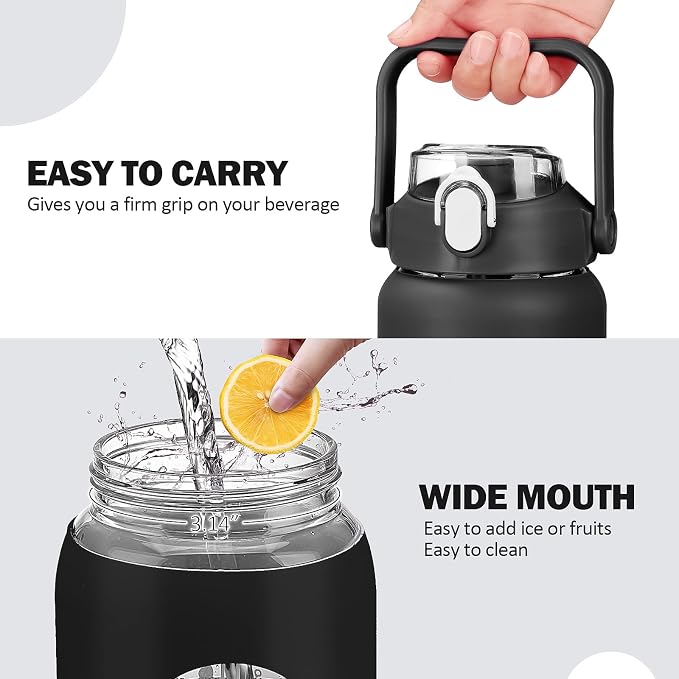 64oz Glass Water Bottles with Straw, Half Gallon Motivational Glass Bottle with Silicone Sleeve and Time Marker, 2L Leakproof Large Glass Water Jug for Gym Home Office,Black