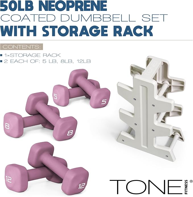 Tone Fitness Neoprene Dumbbell Set with Storage Rack – Non-Slip, Anti-Roll Hand Weights for Home Gym Workouts | 20 lb, 32 lb, 50 lb, 60 lb & 100 lb Options