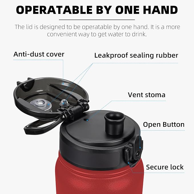 Fanhaw 32 oz Insulated Stainless Steel Water Bottle with Anti-Dust Chug Lid, Leakproof Vacuum Sports Bottle for Kids, Teens & Adults, Back to School Essentials (Red)