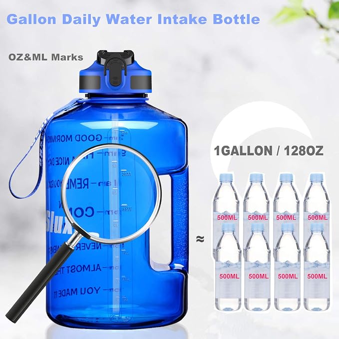 SLUXKE 1 Gallon Motivational Sports Water Bottle with Time Marker, BPA Free 128oz Leak Proof Jug, Black, Plastic, 128 ounces, Fitness, Sports, Outdoor Activities