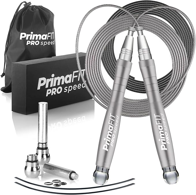 PrimaFIT Pro Speed Jump Rope for Adults, Weighted Skipping Rope for Boxing | Adjustable Jumping Rope for Fitness Workout & CrossFit Exercise, Double Unders, Handle Weights, 3m Cables 2 Protectors, Bag