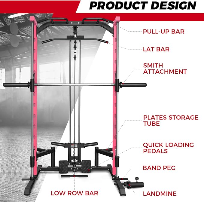 RitFit Smith Machine Power Rack with LAT-Pull Down System | Half Smith Machine with Landmine, Barbell Bar, Plate Storage Pegs and More Training Attachment