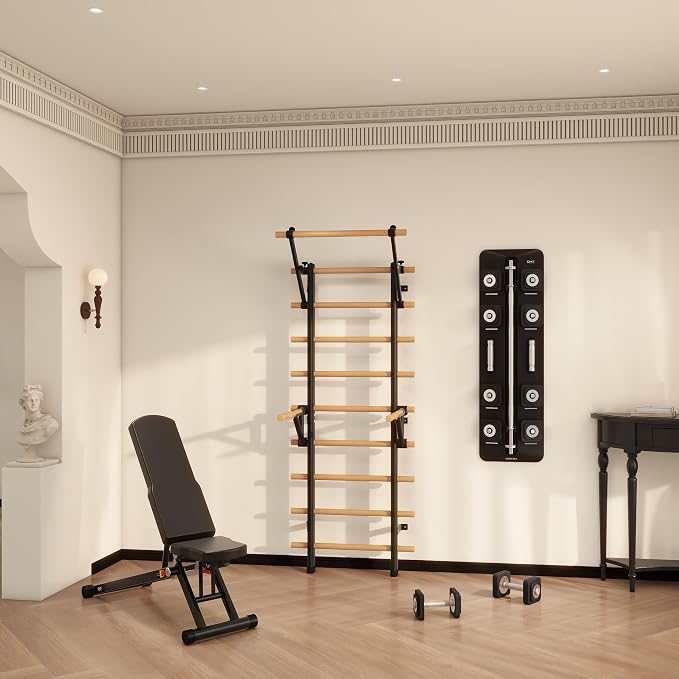 DHT Wood Stall Bar, Swedish Ladder Suspension Trainer with 9 Strategic Rods, for Home, Gym, School and Clinics, Black