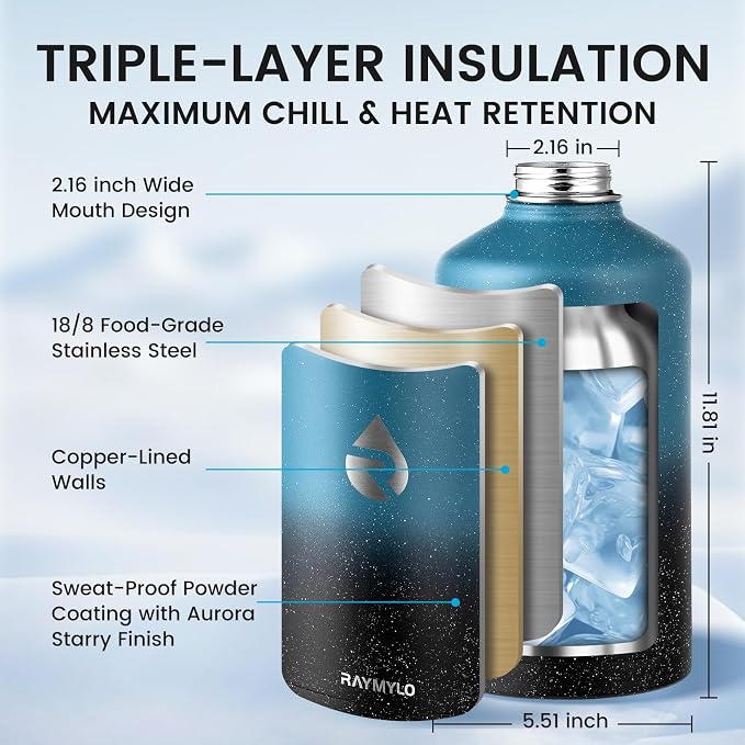 RAYMYLO 128oz Insulated Water Bottle, Triple Wall Vacuum Stainless Steel Water Bottles