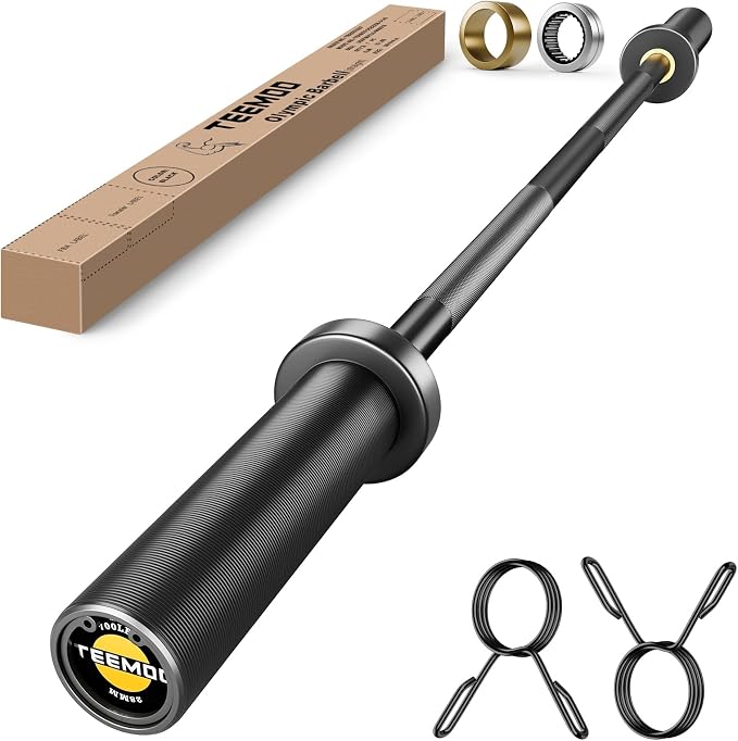 TEEMOO Olympic Barbell Bar, 57"/47" (4.75ft/4ft) Barbell Bar with 2 Spring Collars, Strength Training bars, 500lb/700lb Weight Capacity, E-Coat Finish for 2 inch Weight Plates (Black)