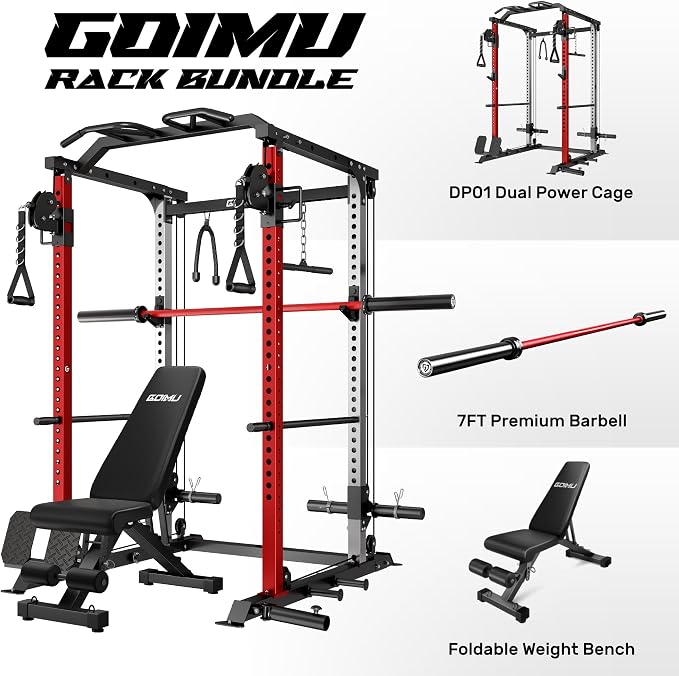 DP01 Power Cage, 2000LBS Squat Rack with Cable Crossover and Dual Independent Pulley System, Full Cage for Full Body Training, Power Rack with More Training Attachments for Home Gym