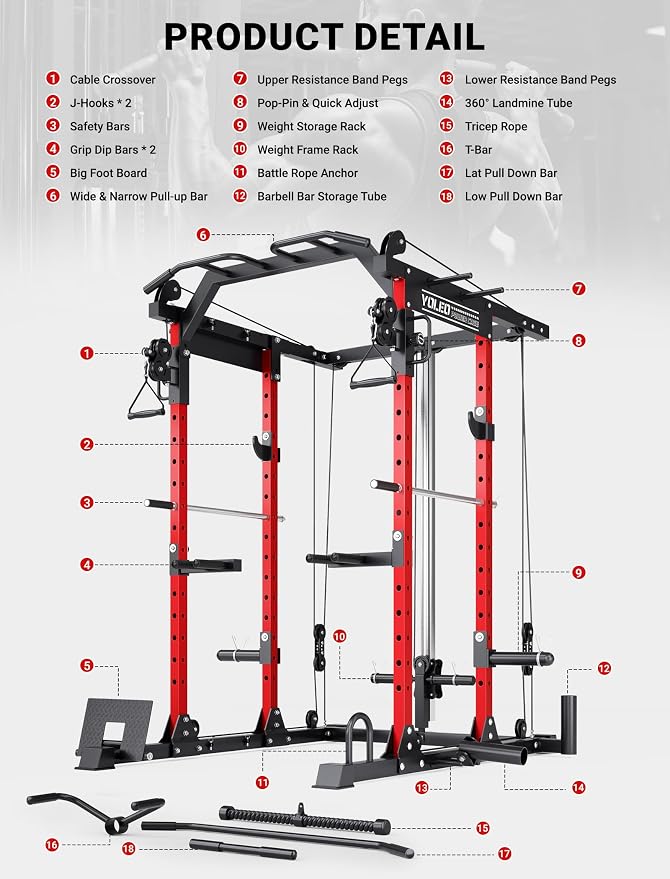 YOLEO Smooth Pulley System Power Cage, Adjustable Cable Crossover Power Rack, Multi-Functional Cable Machine for Home Gym