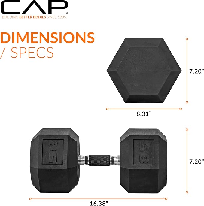 CAP Rubber Coated Dumbbell Weights, Free Weights for Home Gym Strength Training, Anti-Roll Hex Dumbbells with Black, Chrome & Comfort Grip Handles, Pairs & Sets
