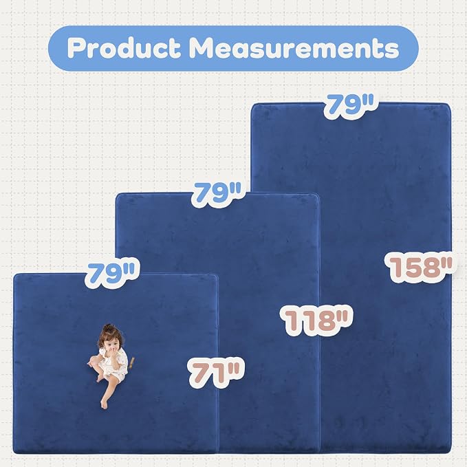 1.3" Thick Baby Floor Play Mat 71x79 Memory Foam Mat Non Slip, Blue | Padded Mat for Tummy Time Crawling, Waterproof Easy Care Kids Rugs for Nursery Playroom Classroom