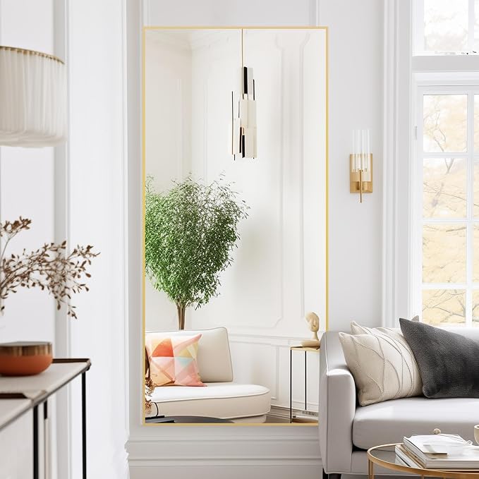 Beauty4U 71" x 32" Full Length Mirror with Stand, Gold Large Floor Mirror | Standing, Leaning, or Wall-Mounted Tempered Glass Full Body Mirror with Metal Frame for Bedroom, Closet, Modern Home Decor
