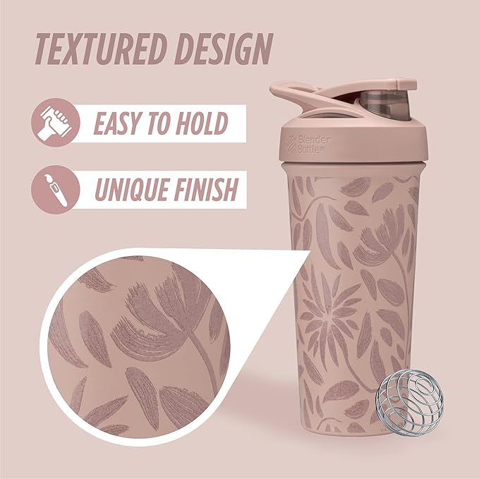 BlenderBottle Strada Sleek Shaker Cup Insulated Stainless Steel Water Bottle with Wire Whisk, 25-Ounce, Brown Flowers