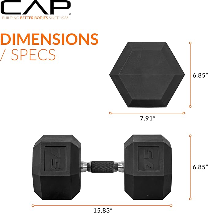 CAP Rubber Coated Dumbbell Weights, Free Weights for Home Gym Strength Training, Anti-Roll Hex Dumbbells with Black, Chrome & Comfort Grip Handles, Singles