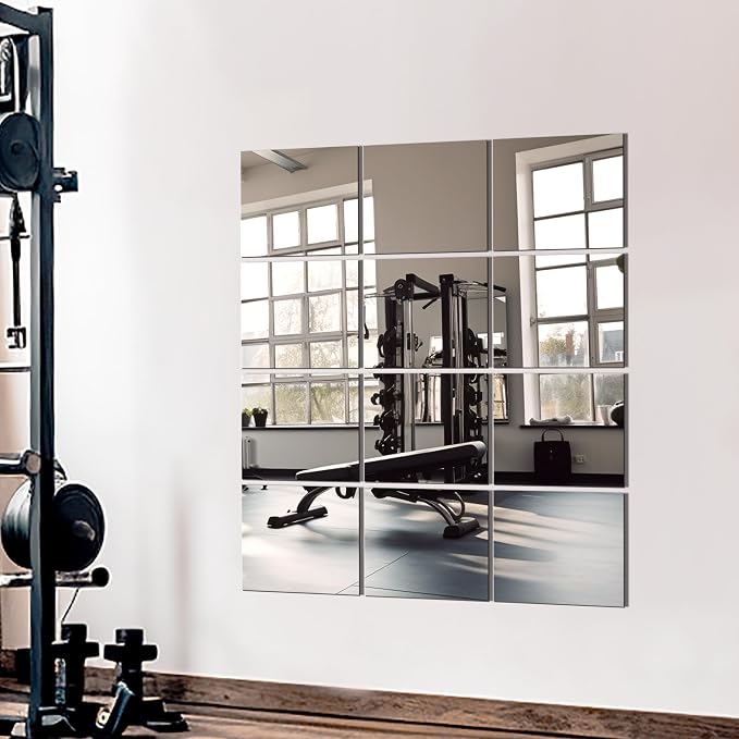 TRAHOME Home Gym Mirror Tiles for Wall, 14"x12"x12PCS Full Length Mirror | HD Tempered Glass, Frameless Workout Mirror for Garage, Bedroom, Living Room, Over The Door