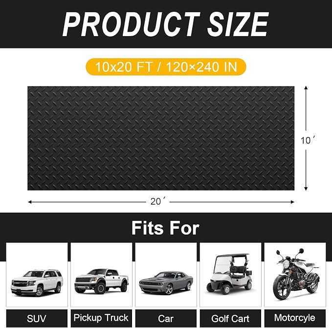 10x20 FT Garage Floor Mat, 2.8mm Thickened Flooring Roll for Under Car Diamond Plate PVC Rubber Mat with 20 Pcs Tapes, Non-Slip Floor Mat for Garage, Warehouse, Gyms, Trailer, Black