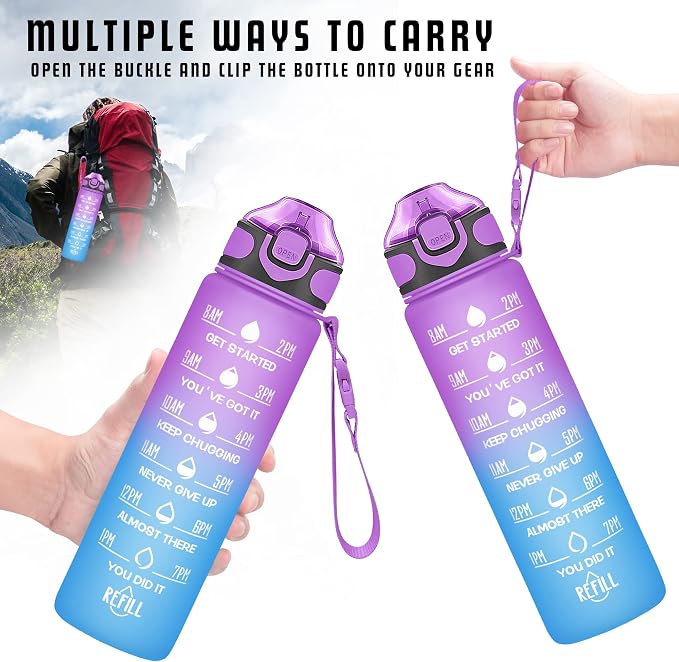 Enerbone 32 oz Drinking Water Bottle with Times to Drink and Straw, Motivational with Carrying Strap, Leakproof BPA & Toxic Free, Ensure You Drink Enough Water for Fitness Gym Outdoor
