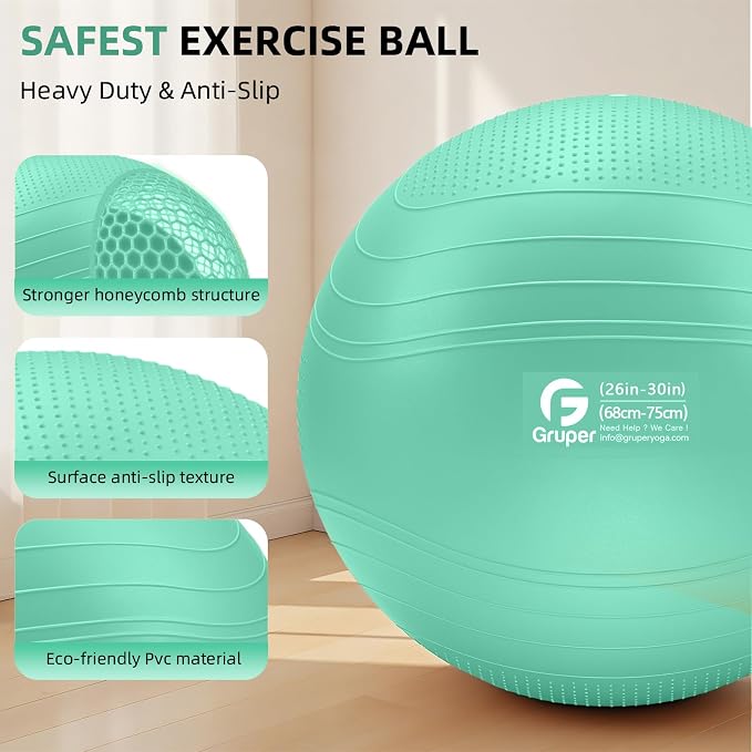 Gruper Yoga Ball, Extra Thick Non Slip Exercise Ball for Workout, Yoga, Pregnancy, 4 Sizes Anti Burst Chair for Home and Office, Includes Foot Pump & Fitness Guide
