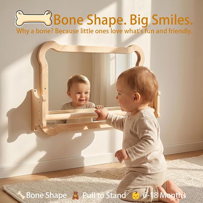 Montessori Baby Mirror with Pull Up Bar, Shatterproof Toddler Pull to Stand | CPC safe natural wood wall mount toy for nursery daycare classroom, ideal infant developmental gift 6-18 months.