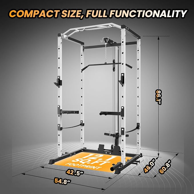 GarveeLife Power Cage, Multi-Function Squat Rack with LAT Pulldown, 1600 LBS Weight Capacity Fitness Power Rack with Cable Pulley System and j-Hooks, Dip Bars and Landmine Attachment for Home Gym