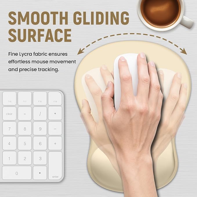 Ergonomic Mouse Pad with Wrist Rest, Gel Wrist Support, Beige | 10.2 x 7.6 in Mouse Pad with Smooth Fabric Surface and Non-Slip Rubber Base for Office, Home, Study, and Gaming